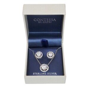 Contessa Di Capri Sterling Silver Cubic Zirconia Earrings & Necklace Set